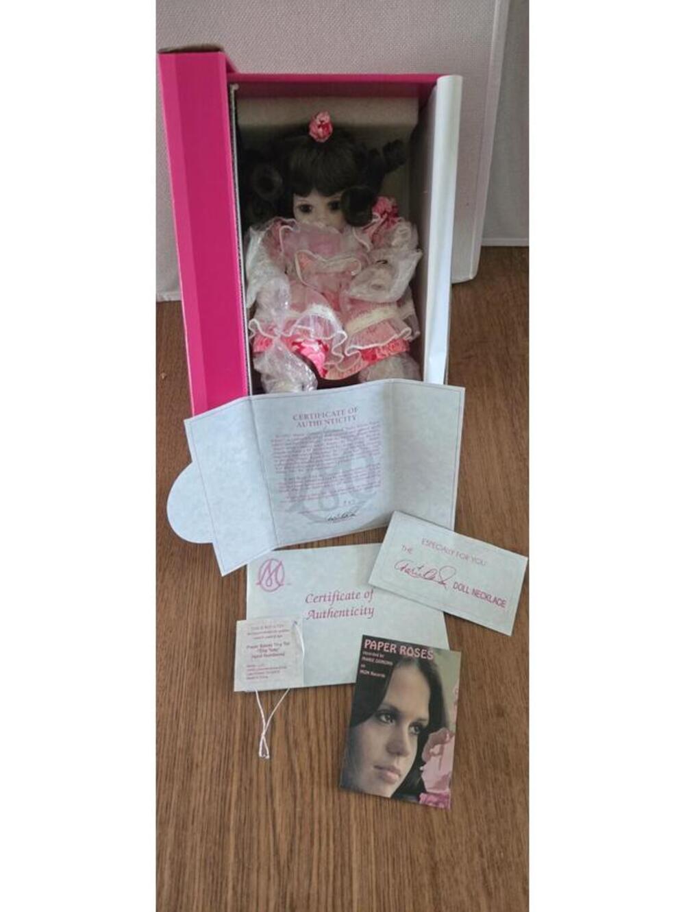 Marie Osmond Paper Roses Tiny Tot Porcelain Doll W/COA & Necklace Rare NIB